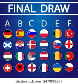 Final draw for the 2024 championship isolated on blue background. National football team badges. All participating countries. All groups. Vector illustration.