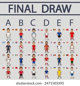 El sorteo final para el campeonato 2024 aislado sobre fondo gris. Insignias y banderas de la selección nacional de fútbol con futbolistas uniformados. Todos los países participantes. Todos los grupos. Vector.