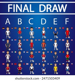 El sorteo final para el campeonato 2024 aislado sobre fondo azul. Insignias y banderas de la selección nacional de fútbol con futbolistas uniformados. Todos los países participantes. Todos los grupos. Vector.