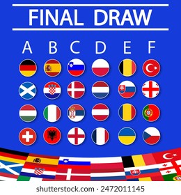 El sorteo final para el campeonato 2024 aislado sobre fondo azul. Insignias y banderas de la selección nacional de fútbol. Todos los países participantes. Todos los grupos. Vector.