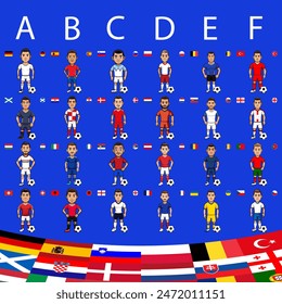 The final draw for the 2024 championship isolated on blue background. National football team badges and flags with football players in uniform. All participating countries. All groups. Vector.