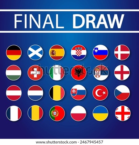 Final draw for the 2024 championship isolated on blue background. National football team badges. All participating countries. All groups. Vector illustration.