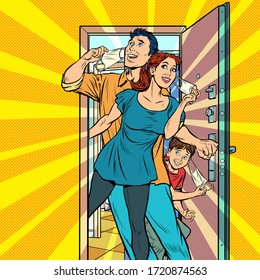 Final epidemic and quarantine. Family leaves home and takes off medical mask. Pop art retro vector illustration kitsch vintage 50s 60s style