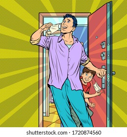 Final epidemic and quarantine. father and child leaves home and takes off medical mask. Pop art retro vector illustration kitsch vintage 50s 60s style