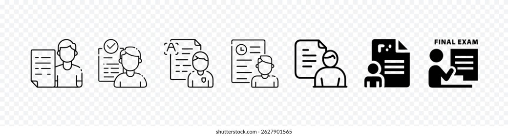 Final Exam and Admission Test Icon Set – Includes Nervous Student with Paper, Exam Hall Symbol, Competitive Job Exam Concept, Admission Test Form, Stressful Student Assessment, Educational Evaluation
