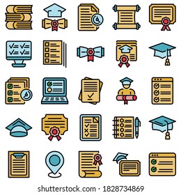 Final exam icons set. Outline set of final exam vector icons thin line color flat on white