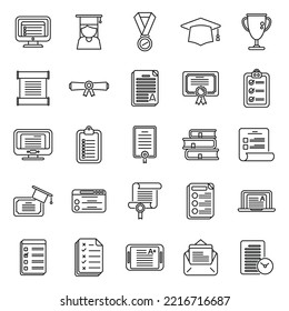 Final Exam Icons Set Outline Vector. Student College. Final Pass