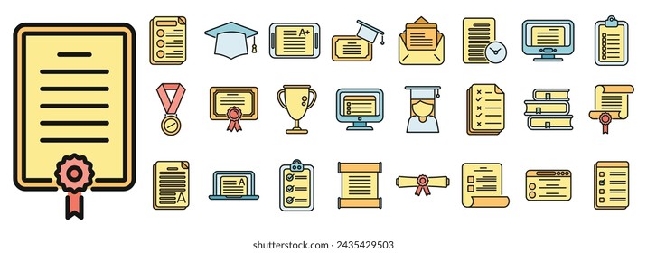 Final exam icons set outline vector. Student college. Final pass color line isolated