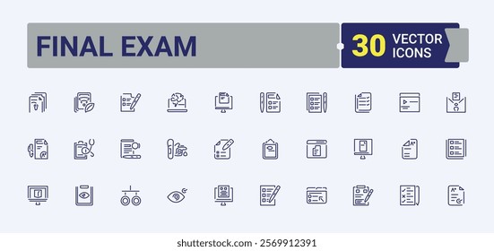 Final Exam line icons set. Featuring results, select, business, success, choice, grade and more. Set of line pictogram. Vector illustration in modern line style.