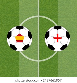 Final football championship 2024, Spain VS England.Top view soccer ball with Spain vs England flags match on green pitch field.