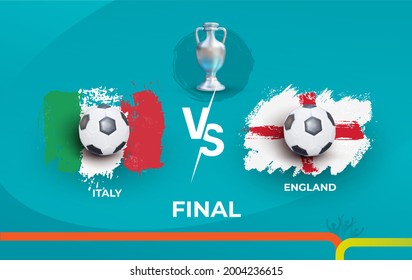 Final del campeonato de fútbol selección nacional de Italia y selección nacional de Inglaterra. Inglaterra vs Italia. Final de los partidos de fútbol 2020. Etiqueta de ilustración de vector aislada en fondo azul.