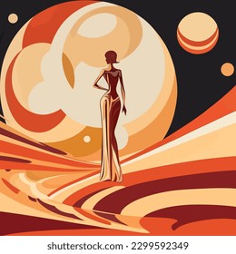 The Final Frontier, Abstract Hand-Drawn Poster Featuring Astronaut on Venus in Art Deco Illustration