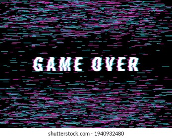 Final game glitch screen. Video game over inscription, broken final titles, errors artifacts design, 8 bits style distorted text. Old arcade or vhs display, creative poster vector concept