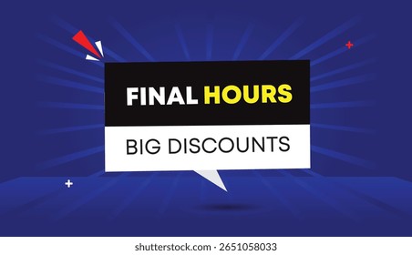 Horas finais grandes descontos editáveis web banner vetor arte ilustração ícone distintivo rótulo modelo design preto branco formas escuro luz azul gradiente sol brilhar abstrato fundo de negócios 4k qualidade