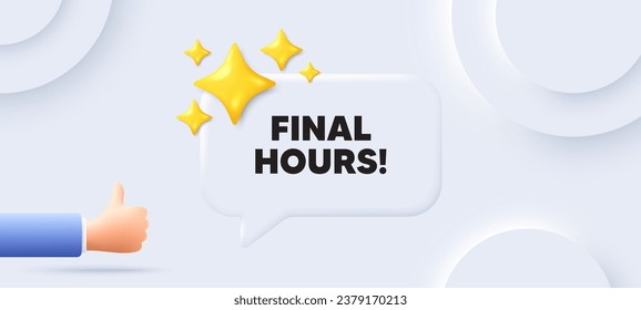 Última hora de venta. Fondo neutral con burbuja de habla de chat. Señal de precio de oferta especial. Símbolo de descuentos publicitarios. Mensaje final de la hora de la palabra. Cartel con la mano. Vector