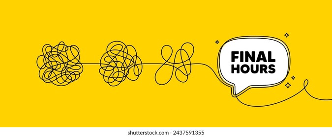 Venta de horarios finales. Simplifique procesos complejos con burbujas de voz. Signo de precio de oferta especial. Símbolo de descuentos publicitarios. Mensaje de burbuja de voz de horas finales. Enredar el caos. Fácil solución. Vector