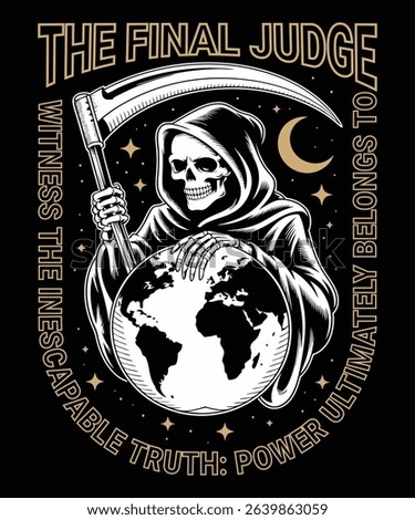 The Final Judge: Grim Reaper with Earth and Scythe T-Shirt Design