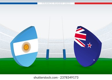 Final match between New Zealand vs South Africa, illustration of rugby flag icon on rugby stadium. Vector illustration.