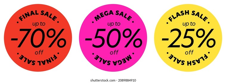 Final mega flash sale up to 70, 50, 25 percent off sticker. Set of stamp badge advertising great discount and price reduction vector illustration isolated on white background