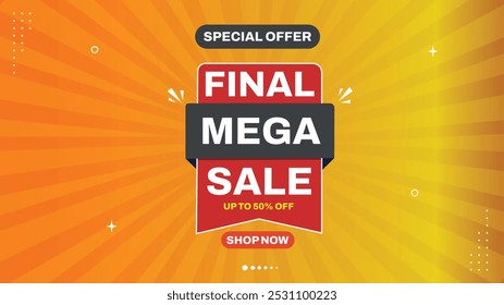 Mega Venda final até 50% de desconto - Oferta especial! Compre Agora Apresse-Se! Elementos de banner de venda com formas de gradiente vermelho, amarelo, preto, branco e laranja. Modelo de fundo de venda perfeita para suas promoções