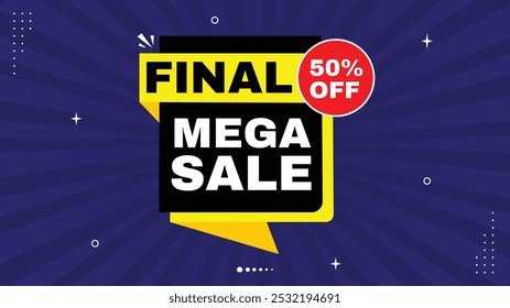 Oferta final de Mega Sale até 50% de desconto - Compre agora! Apresse-Se! Banner de Venda com Elemento Formas Modelo em Amarelo, Preto, Branco, Roxo Gradiente - Fundo de Venda Perfeito para suas Promoções