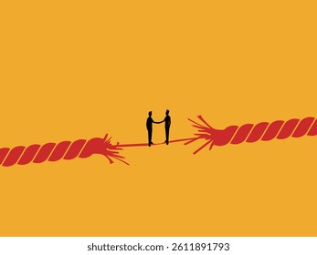 Final Negotiation, Two Businessmen Holding Hands on a Rope That's About to Break