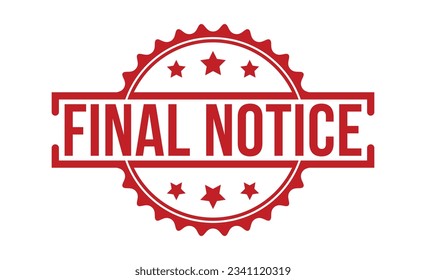 Sello de goma roja en el fondo blanco. Signo de marca de notificación final. Sello de notificación final.