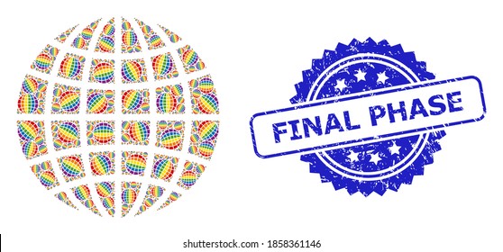 Final Phase scratched seal imitation and vector recursion mosaic LGBT world. Blue stamp seal has Final Phase text inside rosette. Vector mosaic is designed of random rotated LGBT world items.