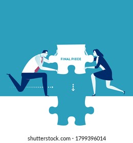 The Final Piece. The couple lays down the last piece of the puzzle. Business illustration.