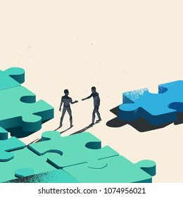 Final Piece Of The Puzzle. Two Businessmen about to shake hands over trading a jigsaw puzzle piece needed for the solution. Conceptual vector illustration.