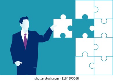 The Final Piece of the work. Businessman man male places the last piece of a puzzle. Business concept illustration. Eps 10 Vector illustration, Minimalist white blue flat style modern design.