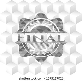 Final realistic grey emblem with geometric cube white background