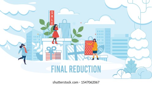 Afiche promocional de reducción final de vacaciones de invierno. Presenta cajas y bolsas de compras sobre el paisaje de caricaturas. Felices Mujeres Regocijándose De Los Descuentos. Escena Natural Del Clima Nevado. Ilustración plana vectorial
