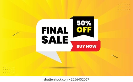 Final Sale 50% Off - Buy Now Banner, Editable EPS Format Template Design with White, Black, Red Shapes Yellow-Orange Abstract Background. Perfect for eye-catching promotions