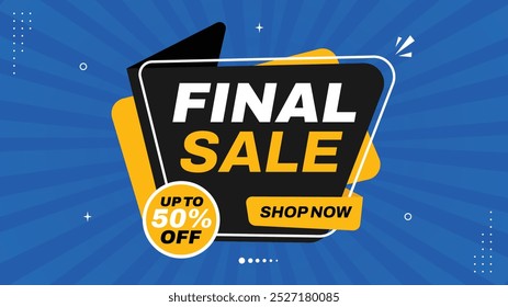 Venda final Até 50% de desconto Oferta de tempo limitado Compre agora com elementos de banner atraente formas vermelho, laranja, preto, branco, azul venda fundo agarrar modelos deslumbrantes Designs para sua próxima venda