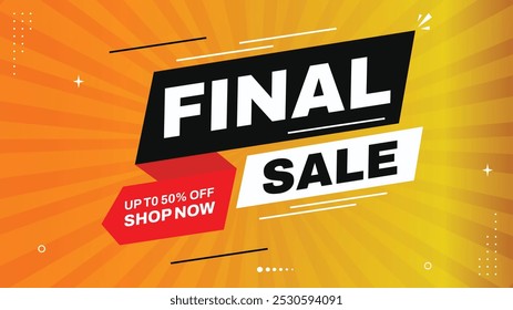 Venda final até 50% de desconto - Compre agora! Modelos de banner de venda atraente com fundos de gradiente vermelho, amarelo, preto, branco e laranja - Formas de elemento elegantes para promoções de venda chamativas