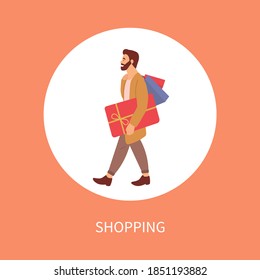Final sale announcement in store. Photo of a serious bearded man with gift boxes on the postcard cover. Young handsome fashion guy isolated on grey background. Male character buying christmas presents