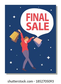 Final sale announcement in the store. Photo of a smiling woman with shopping bags. Young beautiful happy girl on the postcard cover is picking up multi-colored packages and crossing her legs