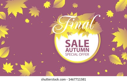 Final Sale Autumn background template, violet color with orange yellow autumn leaves web banner, vector illustration