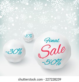 Final sale background with snowballs and snow. Sale.  Winter sale. Christmas sale. New year sale. Vector illustration