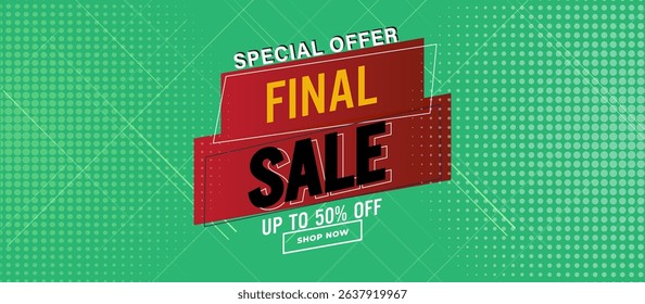 Final Sale Banner with 50% Off Promotion Background, Crisscrossing Diagonal Lines, Red Overlapping Banners