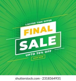 Final sale banner with big discount offer details. Green background vector 