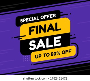 Final sale banner, discount tag, special offer. Website sticker on white background, yellow and black badge design. Vector illustration.
