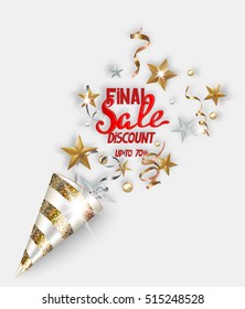 Final sale banner with gold and silver sparkling serpentine, stars and beads. Vector illustration