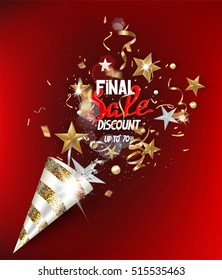 Final sale banner with gold and silver sparkling serpentine, stars and beads on the red background. Vector illustration