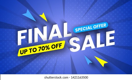 Final sale banner on striped blue background, up to 70% off. Vector illustration.