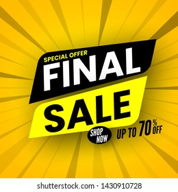 Final sale banner on striped background, special offer up to 70% off. Vector illustration.