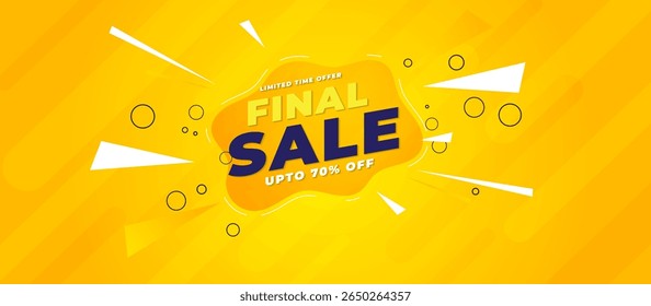 Banner de venda final em fundo amarelo vibrante com bolha laranja clara irregular, azul marinho negrito texto final VENDA e 70OFF, cercado por linhas de radiação e gráficos brancos dinâmicos