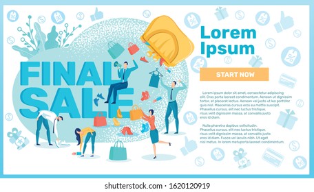 Final Sale Banner with People Doing Shopping Flat Cartoon Vector Illustration. Man and Woman Characters with Paper Bags after Visiting Mall. Purse or Wallet with Falling Clothes, Shoes, Accessories.