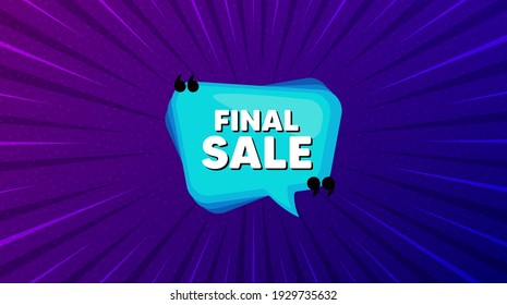 Banner de venta final. Fondo púrpura con mensaje de oferta. Burbuja de emoticones de descuento. Icono de etiqueta de cupón. Mejor banner de cupón publicitario. Forma de insignia de venta final. Antecedentes abstractos. Vector